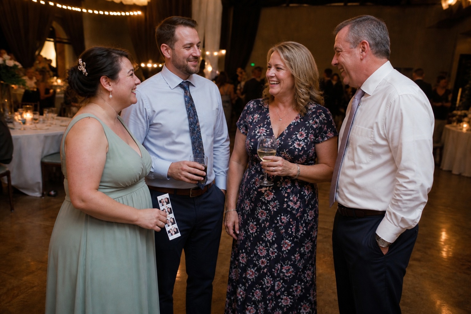 Invitados disfrutando una celebración con su tira fotográfica
