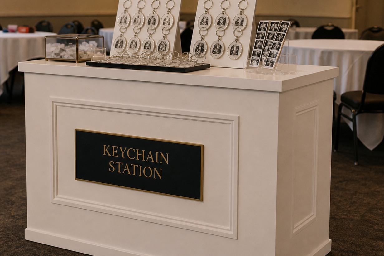 Mesa Keychain Station en un salón de eventos sencillo, con llaveros fotográficos y tiras coordinadas