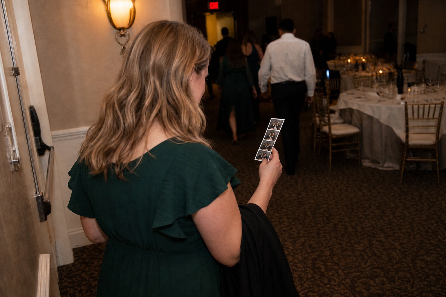 Invitada caminando por una recepción elegante con una tira fotográfica como recuerdo